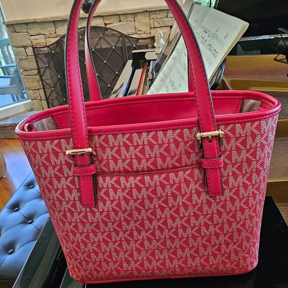 Michael Kors Jet Set Travel XS Carryall Tote Shoulder Bag MK Gold Signature Red - Picture 5 of 11